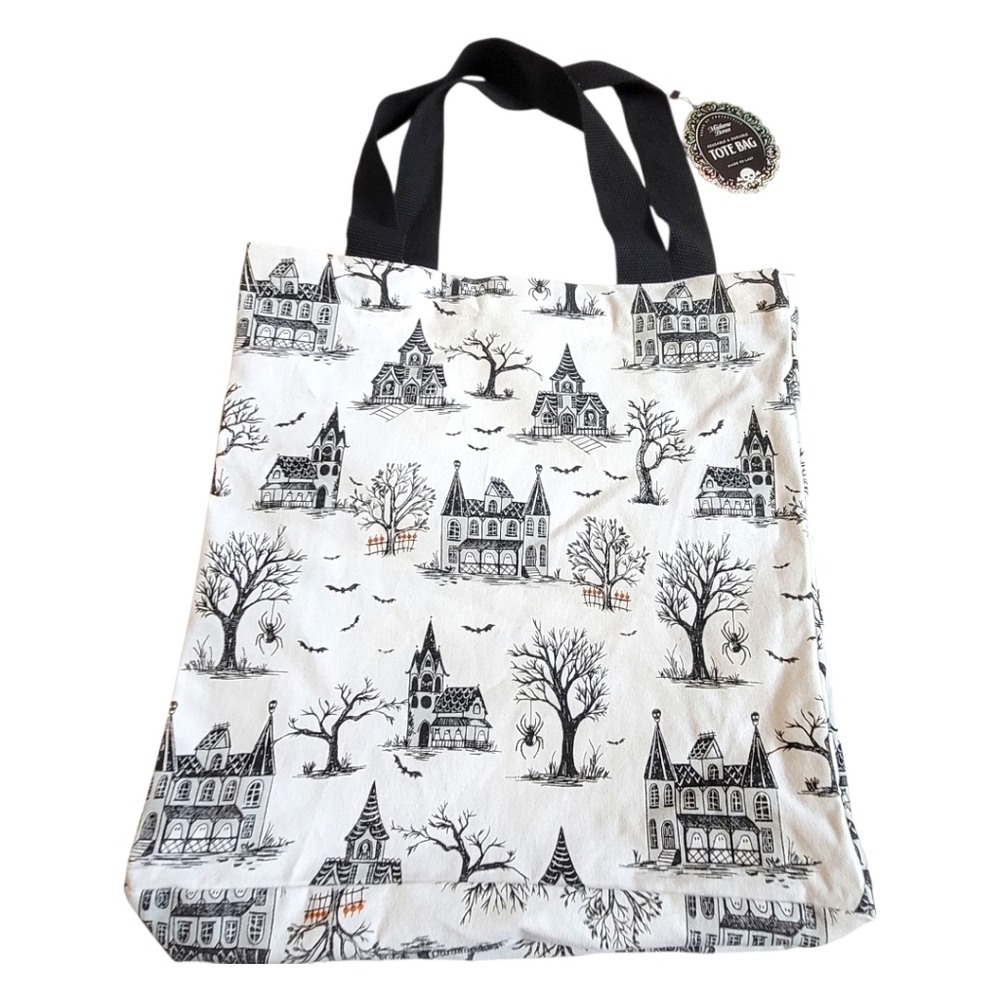 NWT Halloween Haunted House Tote Bag Spooky Gothic Cotton Fabric Reusable Bag